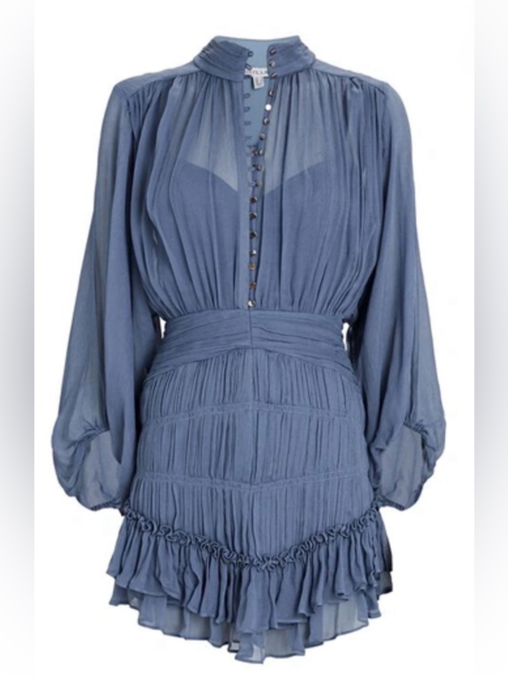 Shona Joy Slate Blue Bell-Sleeve Ruffled Mini Dress